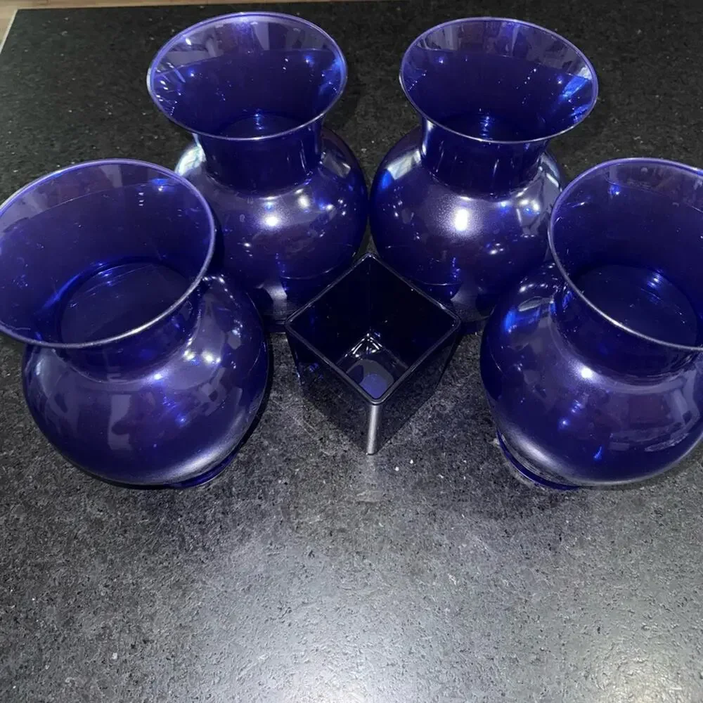 5 COBALT BLUE Glass Vase Set. 4-11” LARGE GLASS VASES & 1-5” Square Heavy Vase.